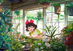 1girl apron brown_eyes brown_hair commentary day derivative_work dress english_commentary flower green_dress hair_ribbon highres indoors kiki_(majo_no_takkyuubin) leaning_forward lulu_season majo_no_takkyuubin open_mouth pink_flower plant potted_plant puffy_short_sleeves puffy_sleeves red_ribbon ribbon screenshot_redraw short_hair short_sleeves smile solo white_apron white_flower window