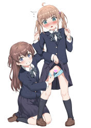  2girls absurdres assisted_exposure bad_id bad_pixiv_id black_jacket black_socks blazer blue_eyes blush bow bowtie brown_footwear brown_hair censored clothes_lift dot_nose embarrassed grin heart heart_censor highres jacket kneehighs lifting_another&#039;s_clothes loafers long_hair long_sleeves looking_at_viewer multiple_girls nedia_(nedia_region) open_mouth original panties pantsing panty_pull pleated_skirt pulling_another&#039;s_clothes school_uniform shoes simple_background skirt skirt_lift smile socks standing striped_bow striped_bowtie striped_clothes surprised twintails underwear white_background  rating:Explicit score:179 user:danbooru