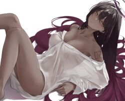  1girl ass barefoot black_hair blue_archive blush breasts cleavage collarbone commentary covered_erect_nipples dark-skinned_female dark_skin fingernails halo highres karin_(blue_archive) large_breasts long_hair long_sleeves looking_at_viewer parted_lips purple_halo renge_(730) see-through see-through_shirt shirt simple_background solo symbol-only_commentary thighs white_background white_shirt yellow_eyes  rating:Questionable score:14 user:danbooru