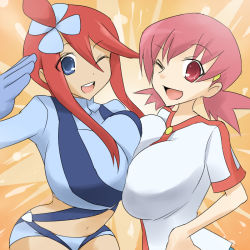 00s 10s 2girls blue_eyes breast_press breasts creatures_(company) game_freak gloves gym_leader hair_ornament huge_breasts impossible_clothes midriff multiple_girls navel nintendo one_eye_closed open_mouth oro_(zetsubou_girl) pink_eyes pink_hair pokemon pokemon_bw pokemon_hgss red_hair skyla_(pokemon) smile symmetrical_docking twintails whitney_(pokemon) rating:Questionable score:92 user:leejunne