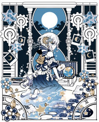  1girl barefoot bell blue_eyes book elina_(e2n04n) highres kneeling moon original solo white_hair  rating:General score:3 user:Akaer