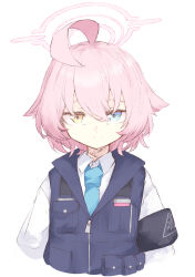  1girl ahoge armor black_armor blue_archive blue_eyes blue_necktie closed_mouth collared_shirt commentary_request furobai_(onunku) halo heterochromia highres hoshino_(blue_archive) hoshino_(young)_(blue_archive) long_sleeves looking_at_viewer necktie pink_hair pink_halo shirt short_hair simple_background solo upper_body white_background white_shirt yellow_eyes 