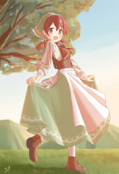 1girl :d alternate_costume apron blue_sky brown_eyes brown_footwear brown_hair commentary day dirndl dot_nose full_body german_clothes grass green_skirt hair_between_eyes head_scarf highres long_hair long_sleeves looking_at_viewer low_twintails murosaki_miyo nature onii-chan_wa_oshimai! open_mouth outdoors seiyu_jelly shirt shoes signature skirt skirt_hold sky smile solo standing standing_on_one_leg tree twintails waist_apron white_shirt rating:General score:5 user:danbooru
