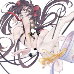  1girl absurdres black_hair breasts chopsticks chopsticks_in_mouth covered_erect_nipples cup_ramen double_bun dynamic_pose girls&#039;_frontline girls&#039;_frontline_neural_cloud hair_bun hair_ribbon highres jiangyu_(neural_cloud) large_breasts long_bangs long_hair necktie red_necktie red_ribbon ribbon see-through see-through_shirt short_shorts shorts sidelocks solo thighhighs todoroki_mushi twintails type_97_(girls&#039;_frontline) underboob very_long_hair white_thighhighs yellow_eyes 