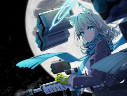  1girl animal_ear_fluff animal_ears assault_rifle black_jacket black_skirt blue_archive blue_eyes blue_halo blue_necktie blue_scarf closed_mouth cross_hair_ornament extra_ears gloves green_gloves grey_hair gun hair_ornament halo holding holding_gun holding_weapon jacket long_sleeves medium_hair necktie open_clothes open_jacket plaid plaid_skirt pleated_skirt rifle sakuraba_yuuki scarf shiroko_(blue_archive) shirt sig_sauer_556 skirt solo weapon white_shirt wolf_ears 