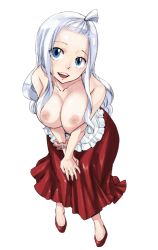 1girl arolae blue_eyes breasts breasts_out dress fairy_tail female_focus large_breasts leaning_forward mashima_hiro mirajane_strauss nipples nude_filter open_mouth simple_background solo standing third-party_edit rating:Explicit score:85 user:bryanlg