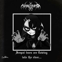  1girl album_cover album_name asymmetrical_bangs band_shirt black_metal blackletter breasts claw_pose collarbone commentary cover cross dark dark_background darkthrone english_text eyes_visible_through_hair facepaint fangs fingernails framed greyscale grin group_name hair_ornament hairclip heavy_metal highres ijiranaide_nagatoro-san inverted_cross jacket lapels large_breasts logo long_hair long_sleeves looking_at_viewer mace merchandise monochrome nagatoro_hayase nail_polish nargaroth_(band) notched_lapels open_clothes open_jacket open_mouth outside_border overall-picture-7542 palms pentacle polearm print_shirt sanpaku scythe shirt signature smile solo spear spiked_mace spikes t-shirt teeth tsurime upper_body weapon  rating:General score:24 user:danbooru