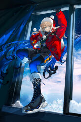  1boy arlizi black_gloves blue_hair blue_leggings blue_pantyhose boots box braid captain_nemo_(fate) christmas_present down_jacket fanny_pack fate/grand_order fate_(series) full_body fur-trimmed_boots fur-trimmed_headwear fur_hat fur_trim gift gloves gradient_hair hat highres holding holding_box jacket leggings long_hair looking_at_viewer male_focus multicolored_hair nemo_(fate) nemo_(santa)_(fate) open_clothes open_jacket pantyhose red_jacket santa_hat shirt shorts smile solo ushanka window 
