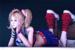 1girl 3d animated animated_gif bed blonde_hair bored breasts cheerleader cleavage fugtrup juliet_starling large_breasts lollipop_chainsaw lowres lying on_stomach skirt solo twintails rating:Sensitive score:96 user:basetaste