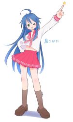 1girl ;d ahoge arm_up blue_hair brown_footwear brown_socks commentary_request green_eyes hand_on_own_hip highres izumi_konata kneehighs loafers long_hair long_sleeves lucky_star midriff_peek mole mole_under_eye navel neckerchief one_eye_closed open_mouth pink_neckerchief pointing pointing_up red_sailor_collar red_skirt ryouou_school_uniform sailor_collar school_uniform serafuku shoes skirt smile socks solo star_(symbol) translation_request tsugumine winter_uniform 