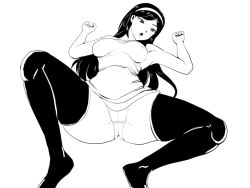  1girl artist_request ass ass_focus black_hair black_thighhighs breasts cameltoe dress expressionless hairband huge_ass kumashiro_maya large_breasts long_hair looking_at_viewer lying monochrome seikimatsu_occult_gakuin short_dress simple_background solo spread_legs swept_bangs thighhighs white_background wide_hips 