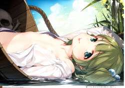 1girl :p absurdres blush bucket cloud day flat_chest grass green_eyes green_hair hair_bobbles hair_ornament highres ke-ta kisume loli looking_at_viewer lying nipples no_bra non-web_source off_shoulder on_back open_clothes open_shirt outdoors photoshop_(medium) rope shirt short_hair skull sky smile solo tongue tongue_out touhou translated twintails wooden_bucket rating:Questionable score:76 user:danbooru
