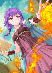  1girl bare_shoulders blush book breasts cape closed_mouth cloud cloudy_sky commission dress dutch_angle fire fire_emblem fire_emblem:_the_sacred_stones highres holding holding_book jewelry looking_at_viewer lute_(fire_emblem) medium_hair nintendo pink_dress purple_eyes purple_hair rock skeb_commission sky sleeveless sleeveless_dress small_breasts solo tight_clothes tight_dress twintails zenrakishi 