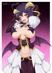  +_+ 1girl alternate_breast_size arms_up black_background black_nails border breasts bridal_gauntlets corset cowboy_shot demon_wings fangs gradient_background hiiragi_utena horns large_breasts long_sleeves looking_at_viewer low_wings lowleg lowleg_pants magia_baiser mahou_shoujo_ni_akogarete open_mouth pants pasties pink_background purple_hair purple_pants revealing_clothes short_hair smile solo standing tongue tongue_out virus-g white_border wings yellow_eyes 