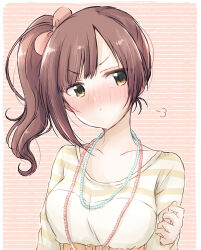  1girl asymmetrical_sidelocks baran._(ba_ra_ran) bead_necklace beads blush bow breasts brown_hair brown_shirt closed_mouth collarbone ear_blush hair_bow hand_up highres idolmaster idolmaster_cinderella_girls igarashi_kyoko jewelry long_hair looking_at_viewer medium_breasts multiple_necklaces necklace nose_blush orange_background pink_bow pout puff_of_air shirt side_ponytail sidelocks solo striped_background striped_clothes striped_shirt swept_bangs underbust upper_body v-shaped_eyebrows white_shirt yellow_eyes 