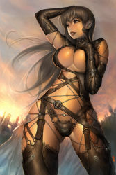  1girl alien1452 armor belt black_gloves boots grabbing_another&#039;s_breast breasts brown_eyes brown_hair buckle cameltoe cleavage contrapposto dark_skin dark-skinned_female ear_piercing elbow_gloves fantasy gloves grabbing hand_on_own_head highres large_breasts leather long_hair navel piercing solo standing strap sunset thigh_boots thighhighs thighs  rating:Questionable score:94 user:danbooru