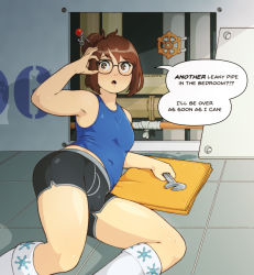  1boy absurdres adjusting_glasses armpits bare_arms briefs brown_eyes brown_hair bulge classic_fly_briefs english_text gender_request genderswap genderswap_(ftm) glasses hair_bun highres industrial_pipe kneehighs male_focus male_underwear mei_(overwatch) open_mouth overwatch overwatch_1 plump single_hair_bun smoking_pipe socks solo sulcate tank_top thighhighs towel trap underwear wrench  rating:Questionable score:266 user:tanuki-taro
