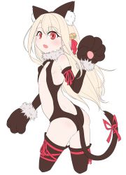  1girl animal_ears animal_hands arm_up ass back_cutout bell black_gloves black_leotard black_thighhighs blonde_hair breasts cat_ears cat_tail center_opening chawan_(yultutari) clothing_cutout dangeroes_beast_(illya) elbow_gloves fake_animal_ears fate/kaleid_liner_prisma_illya fate_(series) gloves hairband highres illyasviel_von_einzbern jingle_bell leotard long_hair official_alternate_costume open_mouth paw_gloves red_eyes ribbon simple_background small_breasts solo tail thighhighs white_background  rating:Questionable score:8 user:danbooru
