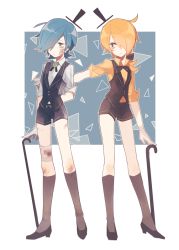  2boys bad_id bad_pixiv_id bandages bandaid bandaid_on_face bill_cipher blonde_hair blood blue_eyes blue_hair bow bowtie crane_(machine) dual_persona earrings gloves gravity_falls hair_bow hair_over_one_eye hat jewelry kuiko_(1748965794) male_focus multiple_boys ponytail shirt shorts sleeves_rolled_up top_hat vest white_gloves yellow_eyes yellow_shirt  rating:Sensitive score:13 user:danbooru