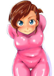  1girl absurdres arms_behind_back bent_over blue_eyes blush bodysuit breasts brown_hair character_request hair_ornament hairclip harusame_kakigoori highres large_breasts latex latex_suit looking_at_viewer pink_bodysuit short_hair smile white_background  rating:Questionable score:23 user:cpee