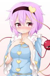 1girl black_hairband blouse blue_shirt blush breasts buttons closed_mouth commentary_request eyeball frills gradient_background hair_between_eyes hairband hands_on_own_chest heart highres komeiji_satori looking_away looking_to_the_side nervous nose_blush pink_background pink_eyes pink_hair shirt short_hair simple_background small_breasts solo suwa_yasai sweat third_eye touhou upper_body white_background rating:Sensitive score:6 user:danbooru