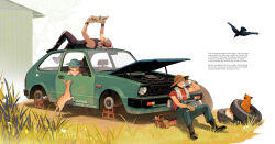  1girl 2boys adam_parrish back_tattoo bird black_hair black_wristband blonde_hair blue_eyes blue_overalls book buzz_cut car catbishonen chainsaw_(the_raven_cycle) crow day deer drinking fox full_body grass headphones highres holding holding_book holding_wrench monster_girl motor_vehicle multiple_boys on_ground on_vehicle opal_(the_raven_cycle) outdoors overalls ronan_lynch short_hair sitting tattoo the_raven_cycle toolbox towel towel_around_neck very_short_hair wrench 
