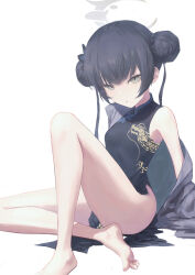 1girl bare_legs barefoot black_hair blue_archive chinese_clothes double_bun feet hair_bun highres kisaki_(blue_archive) legs long_hair looking_at_viewer parted_lips soles thighs toes rating:Sensitive score:16 user:ssfl
