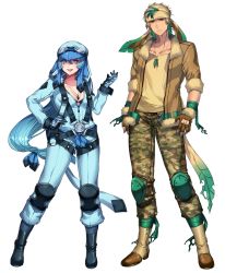  1boy 1girl bad_id bad_twitter_id blonde_hair blue_eyes blue_gloves blue_hair boots bra breasts cleavage creatures_(company) full_body fur_trim game_freak gen_4_pokemon glaceon gloves green_hair headband highres jacket jewelry katagiri_hachigou large_breasts leafeon long_hair long_sleeves looking_at_viewer low-tied_long_hair multicolored_hair necklace nintendo open_mouth pants personification pokemon shirt short_hair simple_background smile spatterdashes underwear white_background  rating:Sensitive score:22 user:danbooru