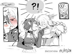  !? 2girls ? after_kiss ariel_(kumo_desu_ga_nani_ka?) blush braid breasts choker cleavage collar_tug commentary dated dress earrings elbow_gloves english_commentary english_text fang flying_sweatdrops food food_in_mouth gloves greyscale hand_on_another&#039;s_chin highres horns jewelry kumo_desu_ga_nani_ka? licking licking_another&#039;s_face licking_another&#039;s_lips long_hair medium_breasts monochrome multiple_girls niseathena off-shoulder_dress off_shoulder open_mouth paper pocky pocky_day pocky_in_mouth pocky_kiss pointy_ears saliva saliva_trail shared_food shiraori short_hair single_braid sitting skin_fang small_breasts spoken_question_mark spoken_symbol standing twitter_username yuri 