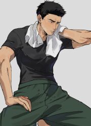  1boy ao_isami black_shirt feet_out_of_frame green_pants grey_background hand_on_own_thigh heavy_breathing highres looking_to_the_side male_focus pants parted_lips shirt short_hair short_sleeves simple_background sitting solo sweat towel towel_around_neck wahootarou yuuki_bakuhatsu_bang_bravern 