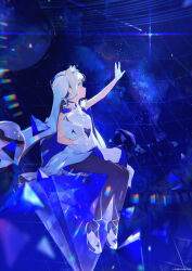 1girl black_pantyhose blue_background blue_cape blue_eyes breasts cape copyright_notice crystal dress gloves highres holding holding_tablet_pc holoearth hololive hololive_alternative lens_flare long_hair looking_afar mithra_(holoearth) official_art pantyhose parted_lips reaching second-party_source shooting_star sitting sky sleeveless sleeveless_dress small_breasts solo space star_(sky) starry_sky tablet_pc taiki_(luster) two-sided_cape two-sided_fabric veil white_cape white_dress white_footwear white_gloves white_hair 