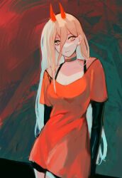  1girl abstract_background black_sleeves blonde_hair breasts casentine chainsaw_man choker cleavage cross-shaped_pupils demon_girl demon_horns hair_between_eyes highres horns long_hair long_sleeves looking_at_viewer power_(chainsaw_man) red_horns red_shirt shirt solo symbol-shaped_pupils yellow_eyes 