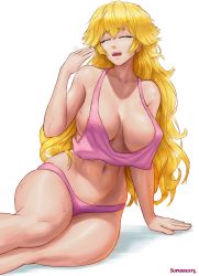  1girl areola_slip arm_support artist_name blonde_hair breasts cleavage closed_eyes collarbone eyebrows eyelashes facing_viewer fanning_self female_focus highres hot large_breasts legs_together long_hair loose_clothes mario_(series) navel nintendo open_mouth panties pink_panties princess_peach sidelocks simple_background sitting solo stomach super_mario_bros._1 superbusty sweat teeth thighs underwear upper_teeth_only very_long_hair white_background  rating:Questionable score:138 user:ImWastingMyLife