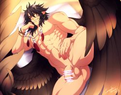  1boy abs bar_censor bara black_hair censored completely_nude crescentia_fortuna elbow_rest feather_necklace feathered_wings fire_emblem fire_emblem:_radiant_dawn flaccid gluteal_fold large_pectorals looking_at_viewer lying male_focus medium_hair muscular muscular_male navel nintendo nipples nude on_bed on_side pectorals penis pointy_ears sidelocks smug solo spread_legs spread_wings stomach thick_thighs thighs tibarn_(fire_emblem) wings yellow_eyes  rating:Explicit score:4 user:danbooru