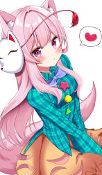  1girl animal_ears aqua_shirt bow bowtie buttons fox_ears fox_girl fox_mask fox_tail hata_no_kokoro heart highres long_hair long_sleeves looking_at_viewer mask mask_on_head multicolored_buttons orange_skirt pink_eyes pink_hair plaid plaid_shirt puffy_long_sleeves puffy_sleeves purple_bow purple_bowtie shinonome_asu shirt simple_background skirt solo tail touhou white_background 