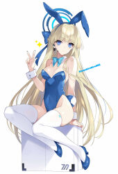 1girl animal_ears aqua_eyes bare_shoulders blonde_hair blue_archive blue_bow blue_footwear blue_leotard bow breasts commentary detached_collar fake_animal_ears full_body headset high_heels highres leotard long_hair looking_at_viewer playboy_bunny rabbit_ears sitting small_breasts solo suzuhira_hiro thighhighs toki_(blue_archive) toki_(bunny)_(blue_archive) twitter_username v white_wrist_cuffs wrist_cuffs