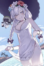  1girl anastasia_(fate) anastasia_(swimsuit_archer)_(fate) anastasia_(swimsuit_archer)_(second_ascension)_(fate) bare_shoulders beach blue_eyes blush bow braid breasts cleavage collarbone doll dress dress_swimsuit fate/grand_order fate_(series) flower_wreath grin hair_bow hair_over_one_eye head_wreath highres large_breasts long_hair looking_at_viewer smile sumi_(gfgf_045) thighs twin_braids very_long_hair viy_(fate) white_dress white_hair  rating:Sensitive score:10 user:danbooru