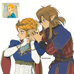  1boy 1girl adjusting_another&#039;s_hair alternate_hairstyle blonde_hair blue_dress braid braided_bun brown_hair comb dress earrings elbow_gloves from_side gloves hair_bun hair_up hairdressing highres jewelry link nintendo pointy_ears princess_zelda reference_inset royal_guard_set_(zelda) short_ponytail shuo_yue simple_background the_legend_of_zelda the_legend_of_zelda:_tears_of_the_kingdom white_background 