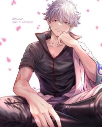  1boy 26caaan black_jacket black_pants brown_eyes character_name closed_mouth dated falling_petals gintama grey_hair hair_between_eyes hand_to_own_mouth happy_birthday highres indian_style jacket light_smile looking_at_viewer male_focus pants petals pink_petals robe sakata_gintoki short_hair short_sleeves sitting solo white_background white_robe 