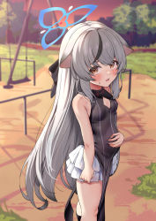 1girl animal_ears black_dress blue_archive blush brown_eyes china_dress chinese_clothes dress female_focus grey_hair halo hand_on_own_stomach highres isemori kokona_(blue_archive) loli long_hair looking_at_viewer miniskirt multicolored_hair open_mouth outdoors playground pleated_skirt pregnant pregnant_loli skirt sleeveless sleeveless_dress solo standing stomach streaked_hair striped_clothes striped_dress sweatdrop swing thighs tiger_ears tiger_girl vertical_stripes white_skirt rating:Sensitive score:174 user:danbooru