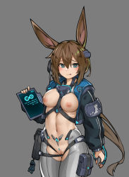 1girl :p alternate_costume amiya_(arknights) animal_ears arknights between_breasts black_jacket blue_eyes breasts breasts_out brown_hair charm_(object) cleft_of_venus closed_mouth copyright_name cowboy_shot grey_background harness headgear heart heart-shaped_pupils holding jacket jewelry long_hair long_sleeves looking_at_viewer medium_breasts multiple_girls multiple_rings navel nipples no_bra no_panties open_clothes open_jacket photoshop_(medium) pouch pussy rabbie_(rimworld) rabbit_ears rimworld ring simple_background skindentation smile smug stmast stomach symbol-shaped_pupils thigh_gap thigh_pouch tongue tongue_out uncensored very_long_hair rating:Explicit score:134 user:danbooru