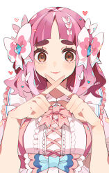  1girl arched_back artist_name bow brown_eyes closed_mouth creatures_(company) dress fingernails game_freak hair_bow highres kawasaki_(kwsk_8765) lacey_(pokemon) looking_at_viewer medium_hair nintendo parted_bangs pink_bow pink_dress pink_hair pokemon pokemon_sv revision simple_background solo thick_eyebrows tongue tongue_out twitter_username white_background white_bow x_fingers  rating:General score:4 user:danbooru