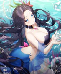  1girl absurdres bad_id bad_pixiv_id bikini bikini_top_only black_bikini black_hair blue_eyes blush breasts cleavage closed_mouth collarbone commentary_request detached_collar fins floating_hair gem highres huge_filesize jellyfish large_breasts long_hair looking_at_viewer meoyo mermaid monster_girl nail_polish original see-through smile solo starfish_hair_ornament swimsuit underwater very_long_hair  rating:Questionable score:30 user:danbooru