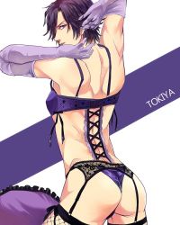  10s 1boy ass ass_focus blue_eyes blue_hair bra character_name crossdressing daishou_(hirotoxxx) elbow_gloves fishnet_thighhighs fishnets from_behind gloves ichinose_tokiya lingerie looking_back male_focus matching_hair/eyes panties pillow ribbon solo thighhighs underwear underwear_only uta_no_prince-sama  rating:Questionable score:35 user:danbooru