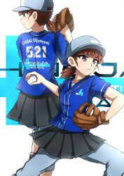  1girl ball baseball baseball_cap baseball_glove black_skirt blue_headwear blue_pants blue_shirt blunt_bangs closed_mouth clothes_writing commentary finnish_text frown girls_und_panzer hair_tie hat highres holding holding_ball looking_to_the_side low_twintails mikko_(girls_und_panzer) omachi_(slabco) pants pants_under_skirt pleated_skirt red_eyes red_hair romaji_text shirt short_hair short_sleeves short_twintails skirt standing throwing track_pants twintails 
