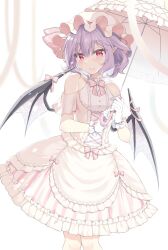  1girl absurdres alternate_costume bat_wings beni_kurage blush buttons closed_mouth dress feet_out_of_frame frilled_dress frills gloves hair_between_eyes hat highres holding holding_umbrella looking_at_viewer mob_cap pointy_ears purple_hair red_eyes remilia_scarlet short_hair short_sleeves solo touhou umbrella white_dress white_gloves white_hat wings 
