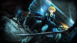  1boy 6+others armor baton black_gloves black_necktie black_vest blonde_hair blue_coat coat collared_shirt game_cg gloves highres limbus_company multiple_others nai_ga necktie official_art project_moon shirt short_hair shoulder_armor sinclair_(project_moon) solo sword vest weapon yellow_eyes 