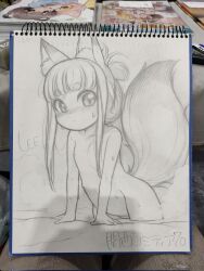  1girl animal_ear_fluff animal_ears arm_support blush breasts completely_nude folded_ponytail fox_ears fox_girl fox_tail groin highres komugi_(lee) leaning_forward lee_(colt) loli long_hair looking_at_viewer manga_(object) monochrome no_nipples nude onsen original photoshop_(medium) sketch sketchbook small_breasts solo tail thighs wading water wet 