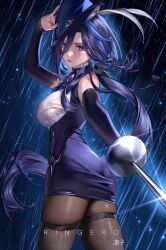  1girl absurdres ass blue_hair blush bra_visible_through_clothes breasts clorinde_(genshin_impact) genshin_impact hair_between_eyes highres holding holding_sword holding_weapon long_hair looking_at_viewer looking_back low_ponytail miniskirt pantyhose purple_eyes ringeko-chan see-through see-through_shirt shirt skirt sword weapon wet wet_clothes wet_shirt 
