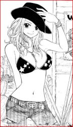 00s 1girl breasts cleavage cowboy_hat denim fairy_tail greyscale hat large_breasts lucy_heartfilia mashima_hiro monochrome natsu_dragneel poster_(medium) scanlation solo wanted cowboy_western rating:Questionable score:25 user:danbooru
